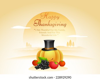  Beautiful Thanksgiving Day background with pumpkin, fruits and pilgrim hat on day background. 