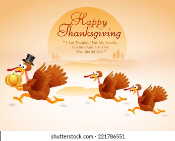 Beautiful Thanksgiving Day celebrations concept with cute turkey bird family holding pumpkin.