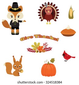 Beautiful Thanksgiving icons. Forest animals and Thanksgiving food and autumn leaves. Colorful text "Give Thanks!"
