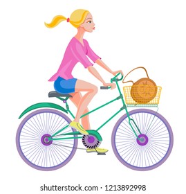 Beautiful thin blonde woman in pink T-shirt and blue shorts is riding a blue bike. She has an oval back in the basket. Illustration on white background