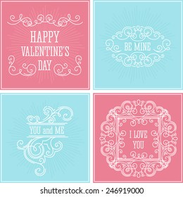 Beautiful thin line ornamental frame Valentine's day card set. Vector illustration.