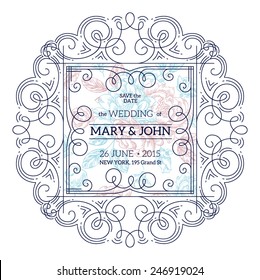 Beautiful thin line ornamental frame Wedding invitation. Vector illustration.