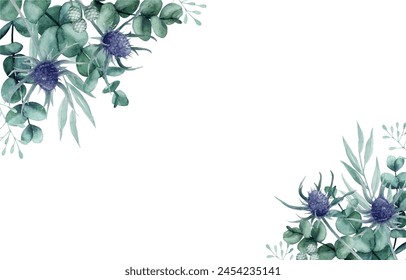 Beautiful thistle flower and eucalyptus leaves floral background, Greenery Floral Background