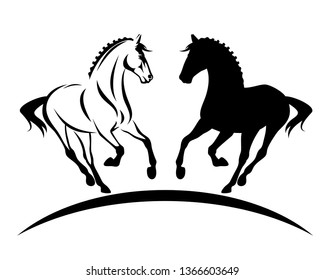 beautiful thoroughbred horse with braided mane black and white vector silhouette and outline