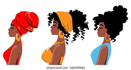 Beautiful three african american girls in profile with different hairstyles on a white background. Vector illustration of people isolated