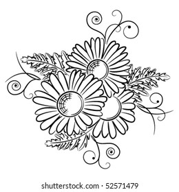 Beautiful three daisies with swirl and scroll isolated on white background