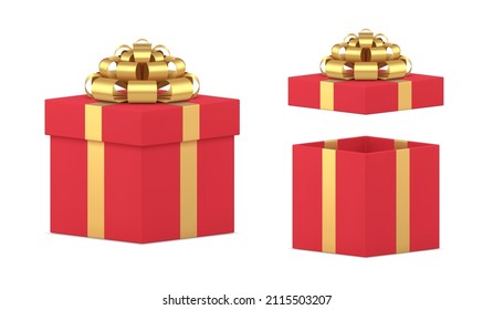 Beautiful three dimensional open and closed festive gift box wrapped by golden bow ribbon realistic vector illustration. Traditional present surprise package for holiday isolated. Unpacking pack