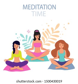 Beautiful three girls sit in lotus position and meditate on a white background