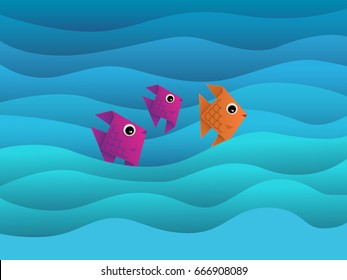 beautiful three paper art fish. vector illustration of the sea. cartoon paper art style