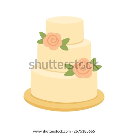 Beautiful three tier wedding cake decorated with flowers, vector flat illustration for romantic celebration.