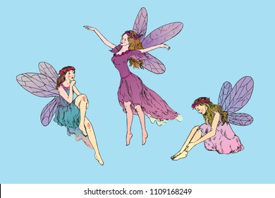 Beautiful three young fairies dancing, flying in wind and sitting around, hand drawn doodle sketch, vector illustration