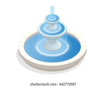 Beautiful three-level round fountain. A zone of rest and relaxation. Flat vector isometric on white background