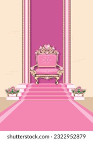 A beautiful throne room with a pink throne for a beautiful princess, adorned with pink heart shaped gems. Princess castle interior. Vector illustration of a fairy tale interior of the throne room.