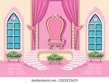 A beautiful throne room with a pink throne for a beautiful princess, adorned with pink heart shaped gems. Princess castle interior. Vector illustration of a fairy tale interior of the throne room.