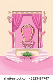 A beautiful throne room with a pink throne for a beautiful princess, adorned with pink heart shaped gems. Princess castle interior. Vector illustration of a fairy tale interior of the throne room.