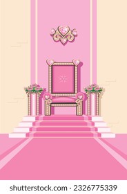 A beautiful throne room with a pink throne for a beautiful princess, adorned with pink heart shaped gems. Princess castle interior. Vector illustration of a fairy tale interior of the throne room.