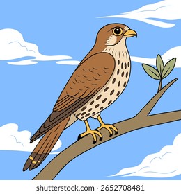 Um belo pássaro sapinho empoleirado em um galho de árvore sob um céu azul brilhante. Ótimo para ilustrações com temas naturais, livros infantis ou materiais educacionais. Estilo de desenho animado limpo e vívido.