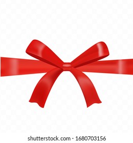 Beautiful tied red bow isolated on transparent background. Decorative  design template. High quality vector illustration.