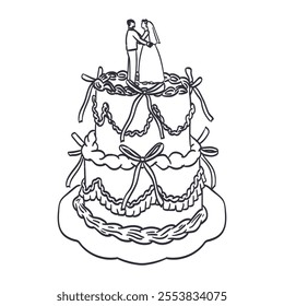 Beautiful tiered wedding cake. Trendy drawing in sketch, freehand, line doodle style. Vector cake with married couple on top, bow and ribbon. Pastry shop, logo or emblem isolated on white background.