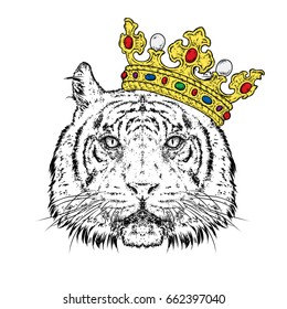 Beautiful tiger in the crown. Vector illustration for a postcard or a poster, print for clothes. Predator. Wild cat.
