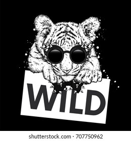 A beautiful tiger cub with glasses and a tie. Vector illustration for a postcard or a poster, print for clothes and accessories. Wild tiger with a sign. Fashion & Style.
