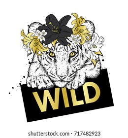 A beautiful tiger in a flower wreath. A ramp illustration for a postcard or a poster, a print for clothes, a bag, a backpack or a cover.