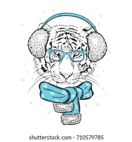 A beautiful tiger in a New Year's cap and scarf. Vector illustration for a postcard or a poster. Santa Claus. New Year and Christmas.