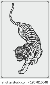 Beautiful tiger walking. Logo example. Print design for t-shirt.