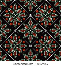 Beautiful tile background with red, green, orange and white dotted flower mosaic. Seamless floral pattern. Grid. Vector Illustration.