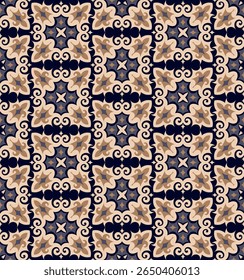 Beautiful tiled seamless pattern in warm tones. Art forms are grouped and arranged in a specific order. Vector image for print, textile, packaging, interior design and your other projects.