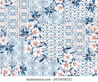 Beautiful Tiles patchwork with Blooming floral pattern with white Flower Moroccan style Seamless pattern Vector Illustration , Design for fashion , fabric, textile, wallpaper , wrapping and all print