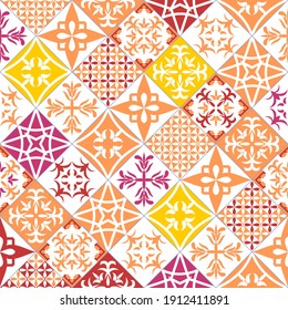 Beautiful tiles patchwork pattern. Moroccan or rustic Italian style (Tuscany region) vector illustration texture.
