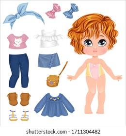 Beautiful toddler girl with set of clothes. Paper doll for dress up game. Isolated vector illustration.