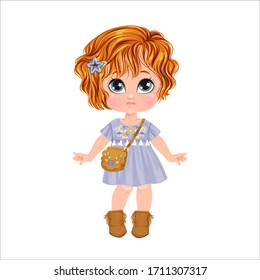 Beautiful toddler girl with set of clothes. Paper doll for dress up game. Isolated vector illustration.