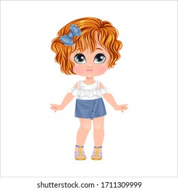 Beautiful toddler girl with set of clothes. Paper doll for dress up game. Isolated vector illustration.