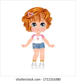 Beautiful toddler girl with set of clothes. Paper doll for dress up game. Isolated vector illustration.