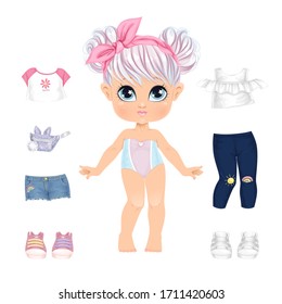 Beautiful toddler girl with set of clothes. Paper doll for dress up game. Isolated vector illustration.