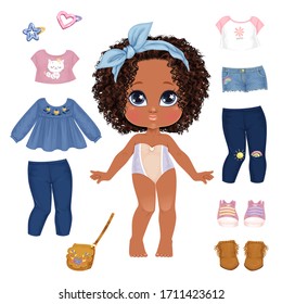 Beautiful Toddler Girl With Set Of Clothes. Paper Doll For Dress Up Game. Isolated Vector Illustration.