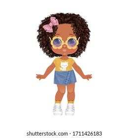 Beautiful toddler girl with set of clothes. Paper doll for dress up game. Isolated vector illustration.