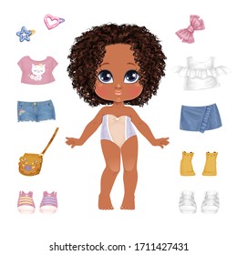 Beautiful Toddler Girl With Set Of Clothes. Paper Doll For Dress Up Game. Isolated Vector Illustration.