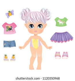 Beautiful Toddler Girl in Underwear with set of clothes. Paper Doll for Dress Up Game. Isolated vector illustration.