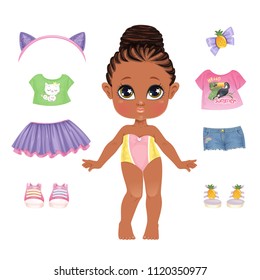 Beautiful Toddler Girl in Underwear with set of clothes. Paper Doll for Dress Up Game. Isolated vector illustration.