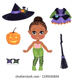 Beautiful Toddler Girl In Underwear With Set Of Halloween Costume Clothes. Paper Doll For Dress Up Game. Isolated Vector Illustration.