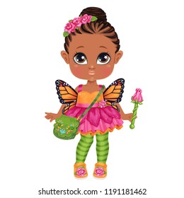 Beautiful toddler girl in underwear with set of clothes for masquerade. Paper doll for dress up game. Isolated vector illustration.