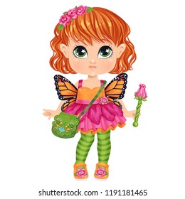 Beautiful toddler girl in underwear with set of clothes for masquerade. Paper doll for dress up game. Isolated vector illustration.