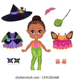 Beautiful toddler girl in underwear with set of clothes for masquerade. Paper doll for dress up game. Isolated vector illustration.