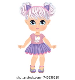 Beautiful Toddler Girl in Underwear with set of clothes. Paper Doll for Dress Up Game. Isolated vector illustration.