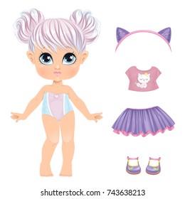 Beautiful Toddler Girl In Underwear With Set Of Clothes. Paper Doll For Dress Up Game. Isolated Vector Illustration.