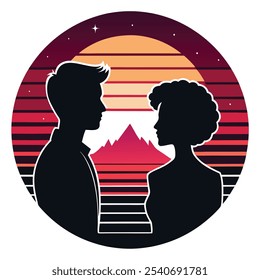 Beautiful "Together at Twilight" silhouette icon, designed in retro vintage style. Perfect as line art, logo icons, and clipart for creative projects. Suitable for logos, posters, 