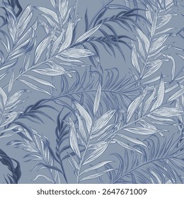 Lindo toile de jouy vetor tropical sem emenda padrão com folhas de palma azul